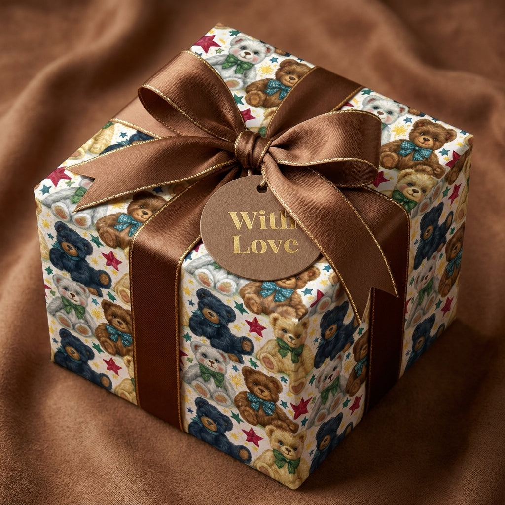 Vintage teddy bear wrapping paper with a brown satin bow on a gift box by Wrapped Studios.