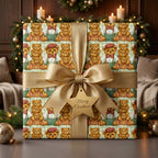 Vintage teddy bear Christmas wrapping paper with a gold satin bow by Wrapped Studios.