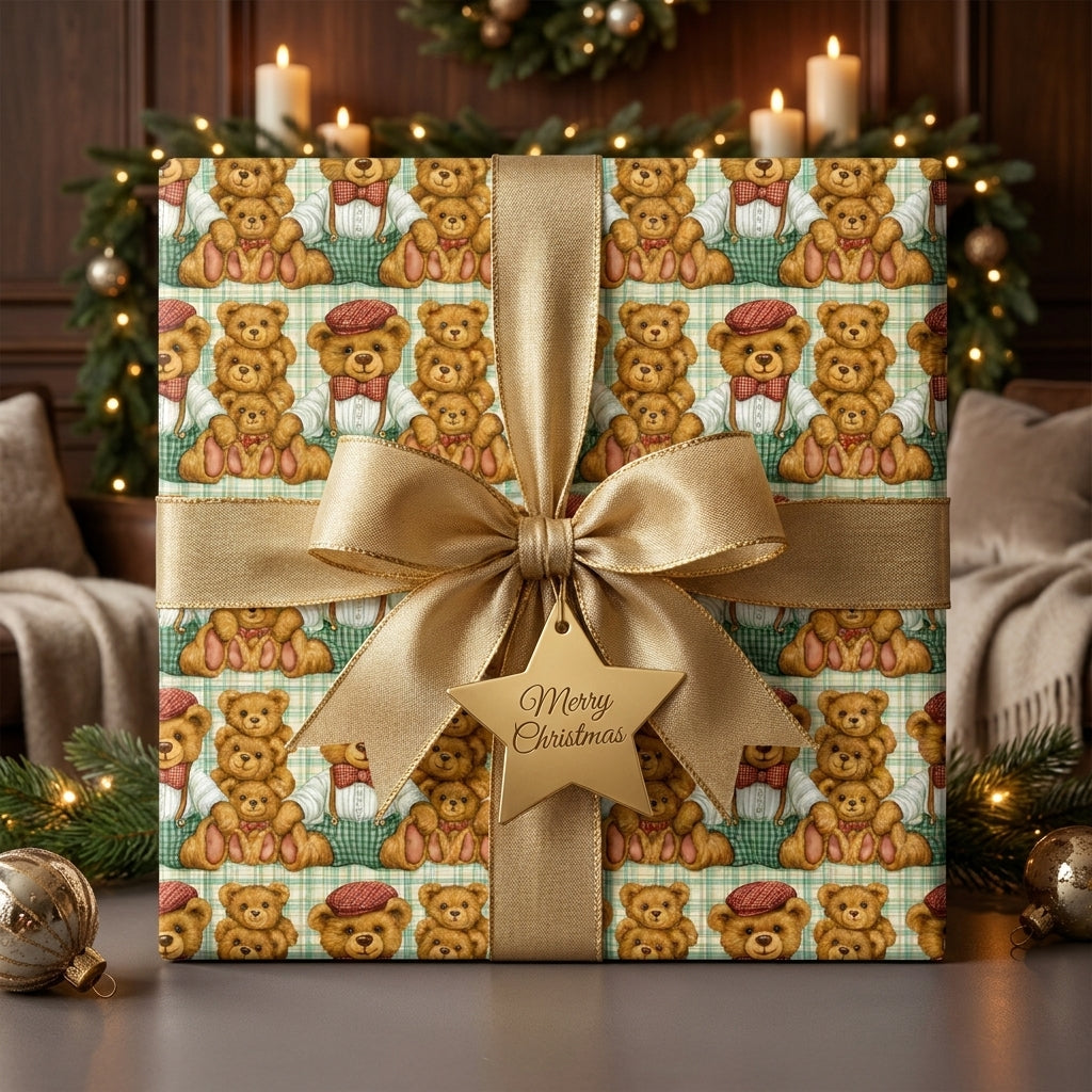 Vintage teddy bear Christmas wrapping paper with a gold satin bow by Wrapped Studios.