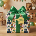 Teddy bear birthday wrapping paper with a green satin bow and star gift tag, by Wrapped Studios.