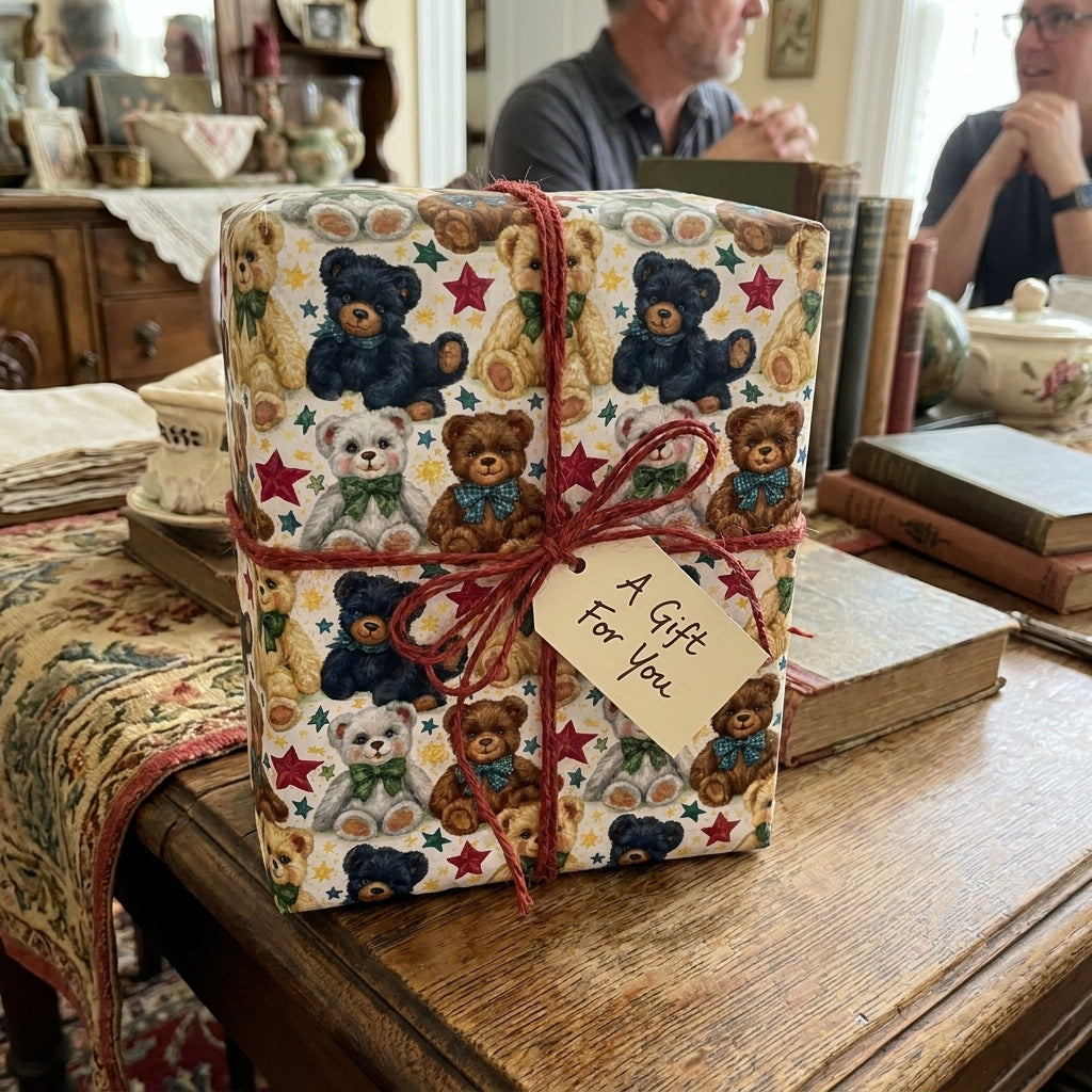 Vintage teddy bear wrapping paper on a gift tied with red twine and tag, by Wrapped Studios.