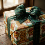 Vintage teddy bear Christmas wrapping paper with a green plaid bow by Wrapped Studios.