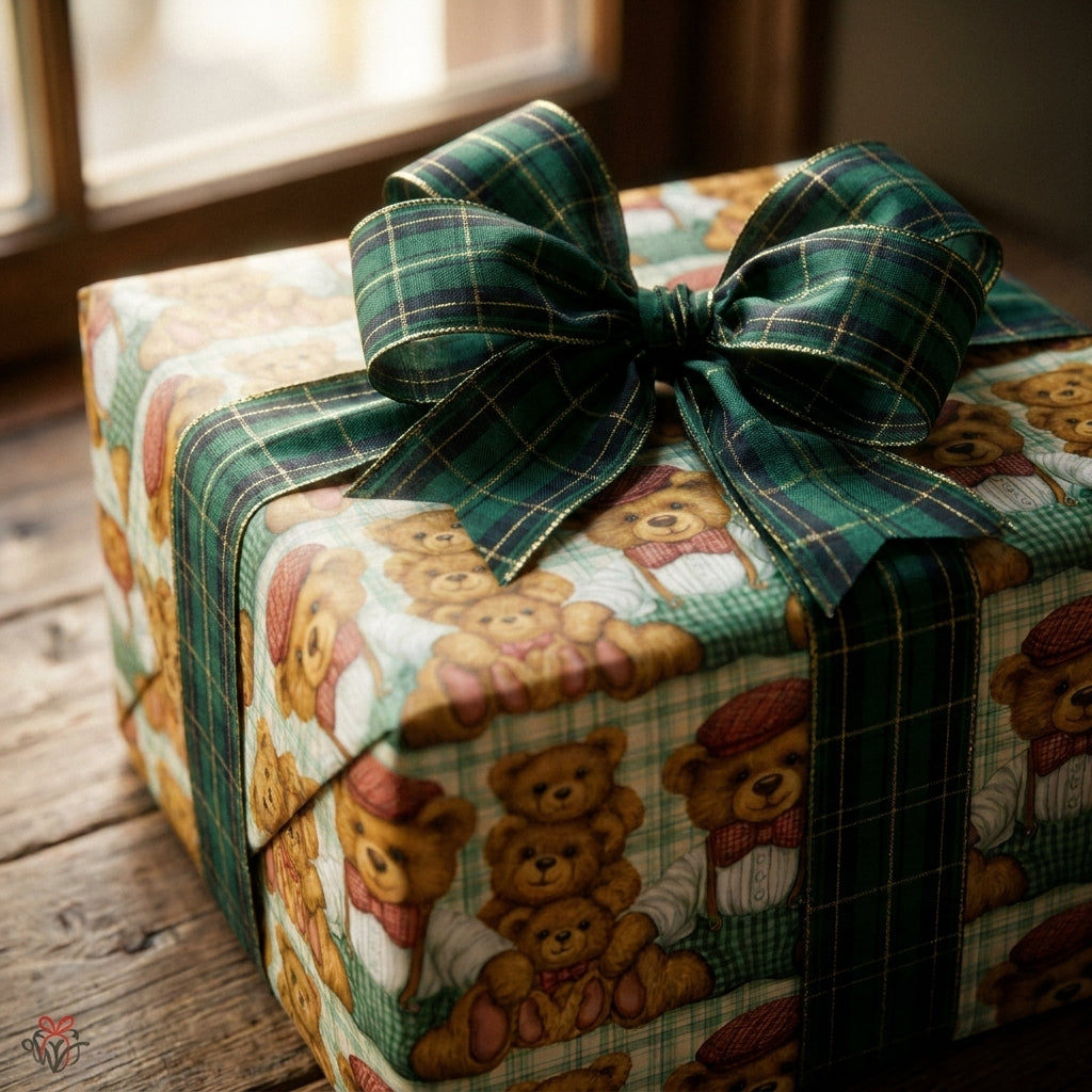 Vintage teddy bear Christmas wrapping paper with a green plaid bow by Wrapped Studios.