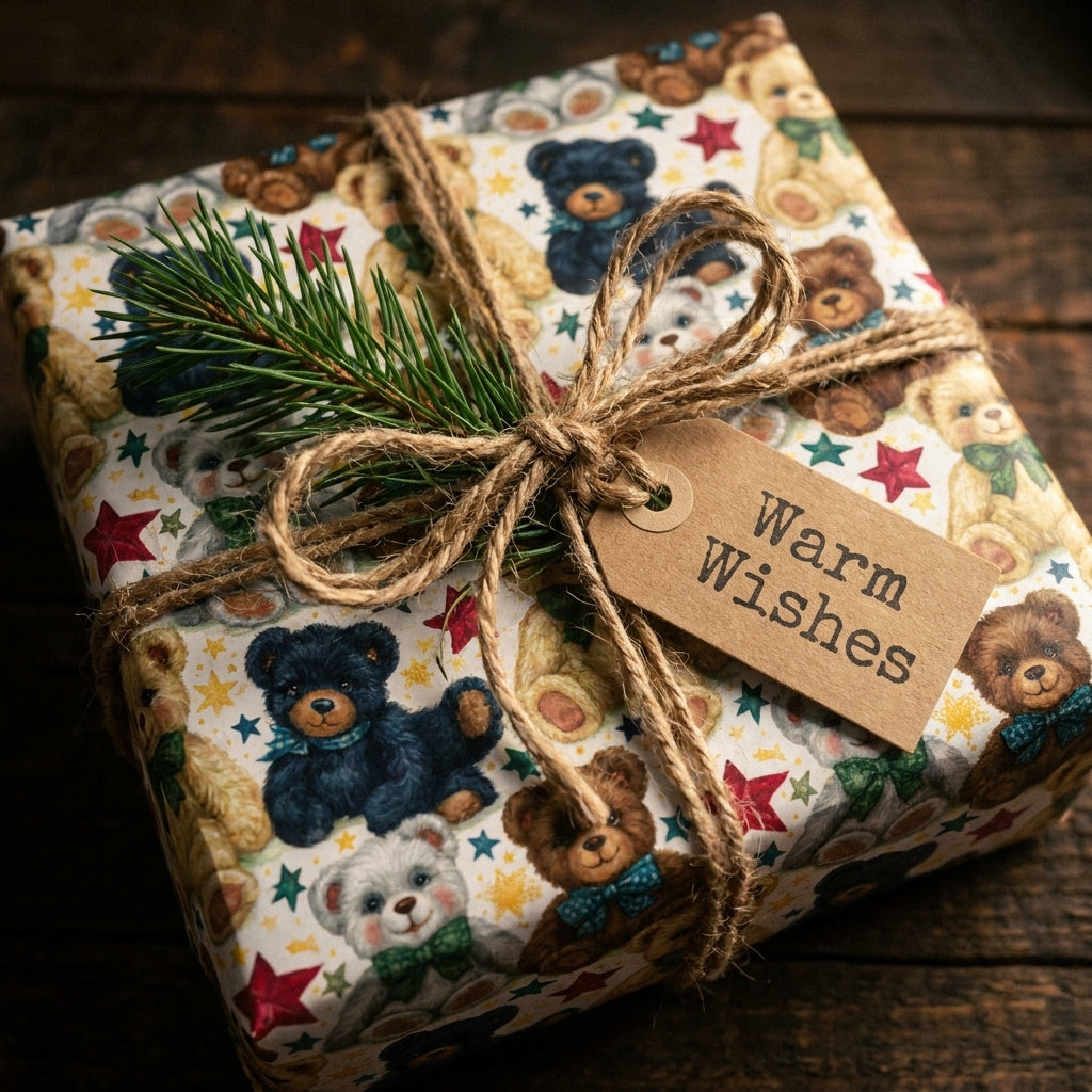 Vintage teddy bear Christmas gift wrap with twine and a Warm Wishes tag by Wrapped Studios.