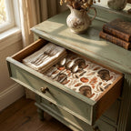 Vintage Thanksgiving wrapping paper with turkeys used as a rustic drawer liner. Wrapped Studios.