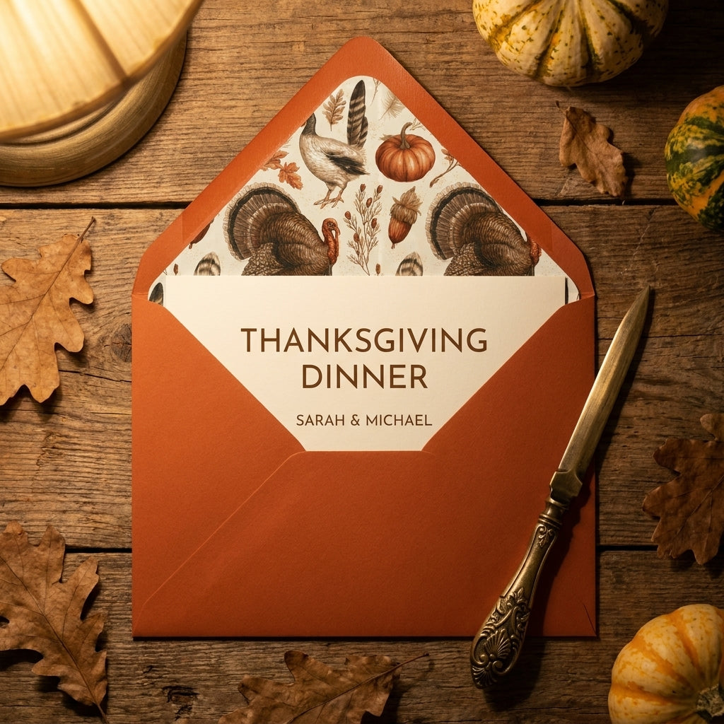 Thanksgiving dinner invitation in a rust envelope with turkey patterned liner by Wrapped Studios.