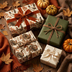 Thanksgiving turkey wrapping paper and rustic fall gift wrap with velvet ribbon by Wrapped Studios.