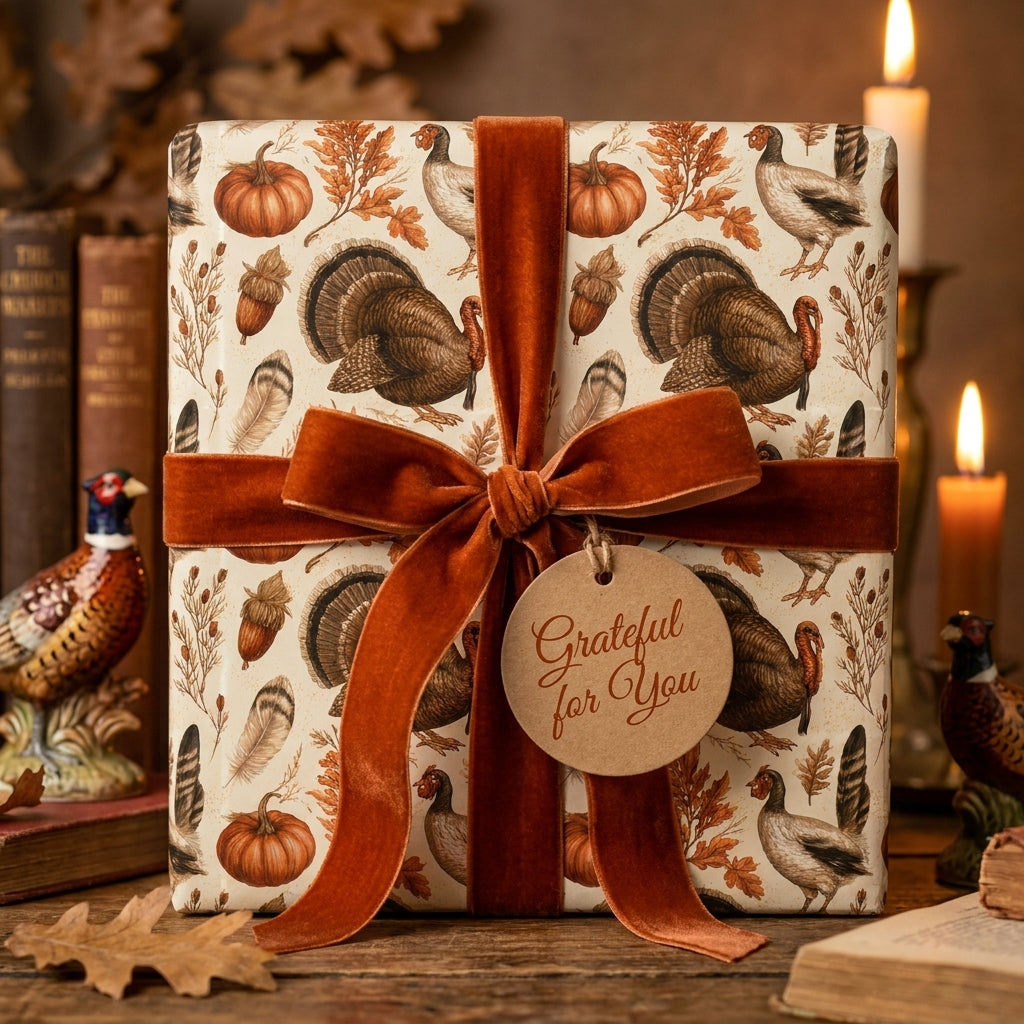 Thanksgiving wrapping paper with turkey and pumpkin pattern and a rust velvet bow by Wrapped Studios.