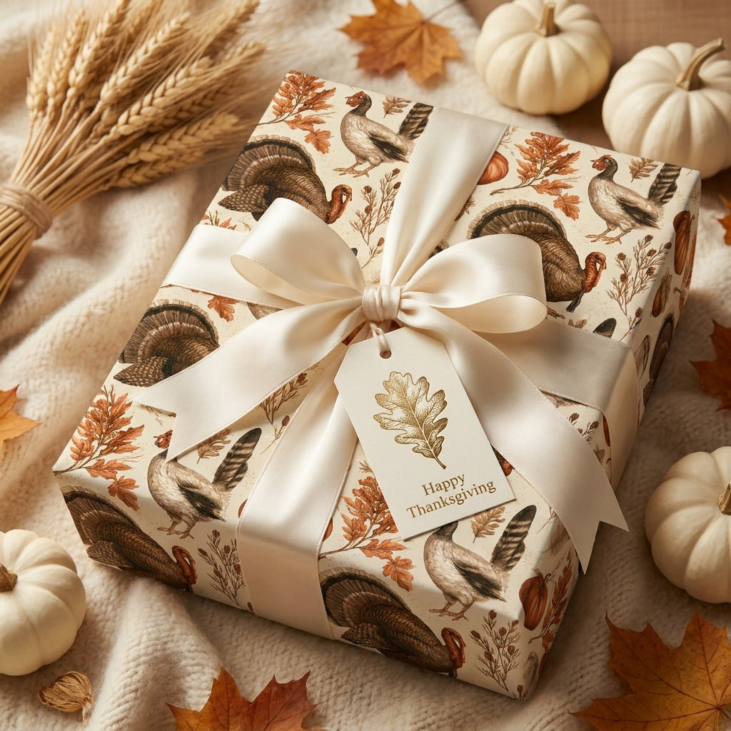Luxury Thanksgiving wrapping paper with vintage turkey pattern and cream bow, from Wrapped Studios.