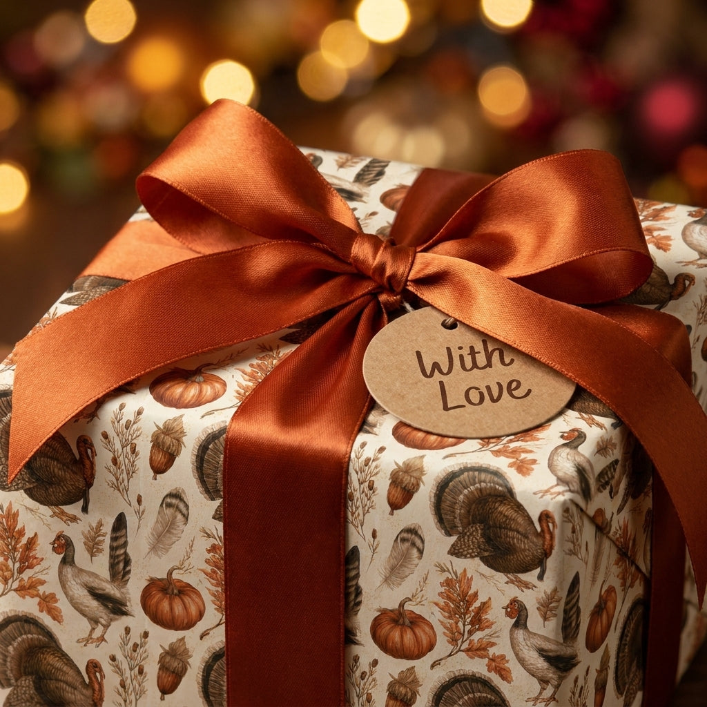 Rustic Thanksgiving wrapping paper with turkeys and pumpkins and a copper satin bow by Wrapped Studios.