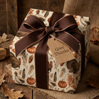 Rustic Thanksgiving wrapping paper with a turkey and pumpkin pattern and brown ribbon bow by Wrapped Studios.