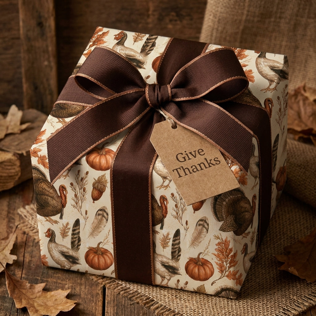 Rustic Thanksgiving wrapping paper with a turkey and pumpkin pattern and brown ribbon bow by Wrapped Studios.