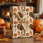 Thanksgiving wrapping paper with turkeys and pumpkins, tied with rustic twine by Wrapped Studios.