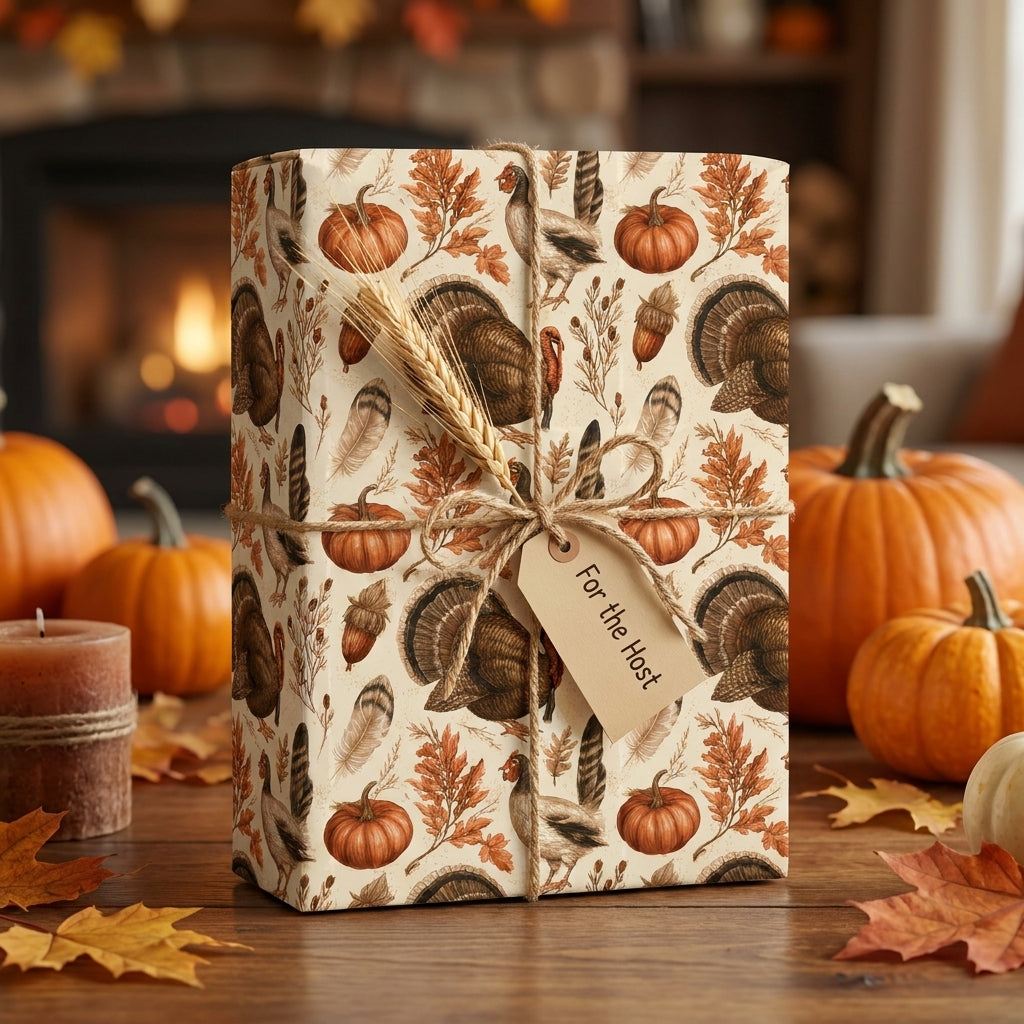 Thanksgiving wrapping paper with turkeys and pumpkins, tied with rustic twine by Wrapped Studios.