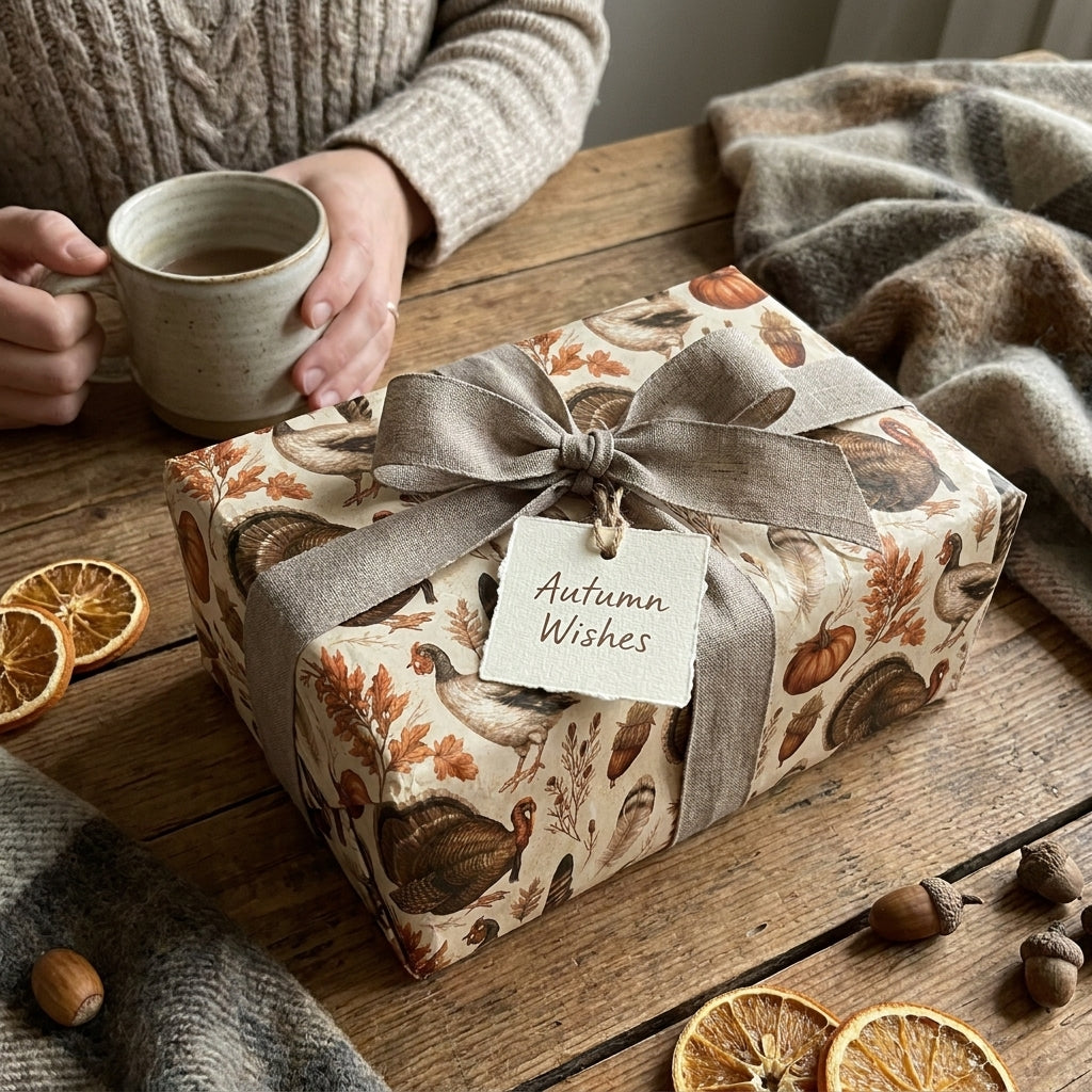 Rustic Thanksgiving wrapping paper with a turkey pattern and linen ribbon by Wrapped Studios.