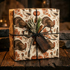 Rustic fall Thanksgiving wrapping paper with turkeys on a gift box with twine by Wrapped Studios.