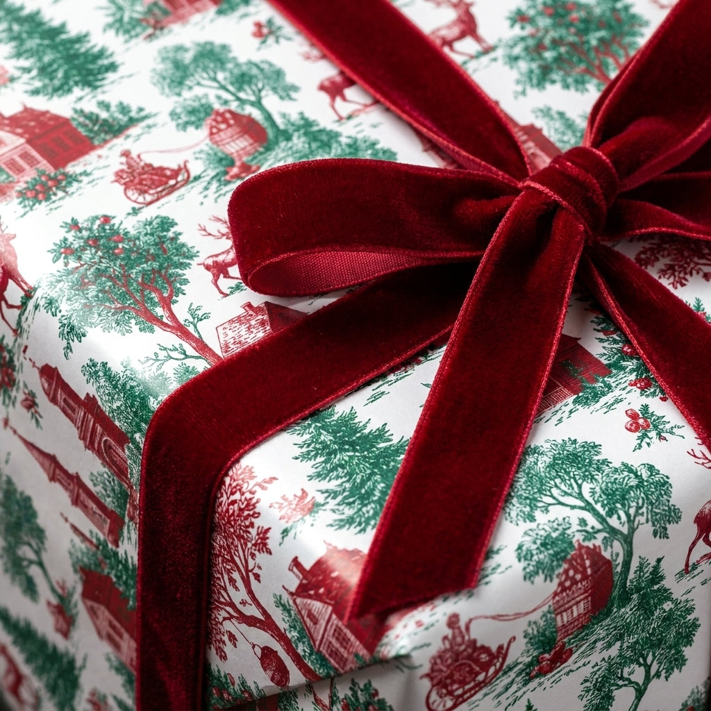 Vintage Christmas wrapping paper with red and green toile pattern, tied with a red velvet ribbon by Wrapped Studios.