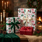 Vintage Christmas gift wrap with festive woodland scenes and velvet ribbons by Wrapped Studios.