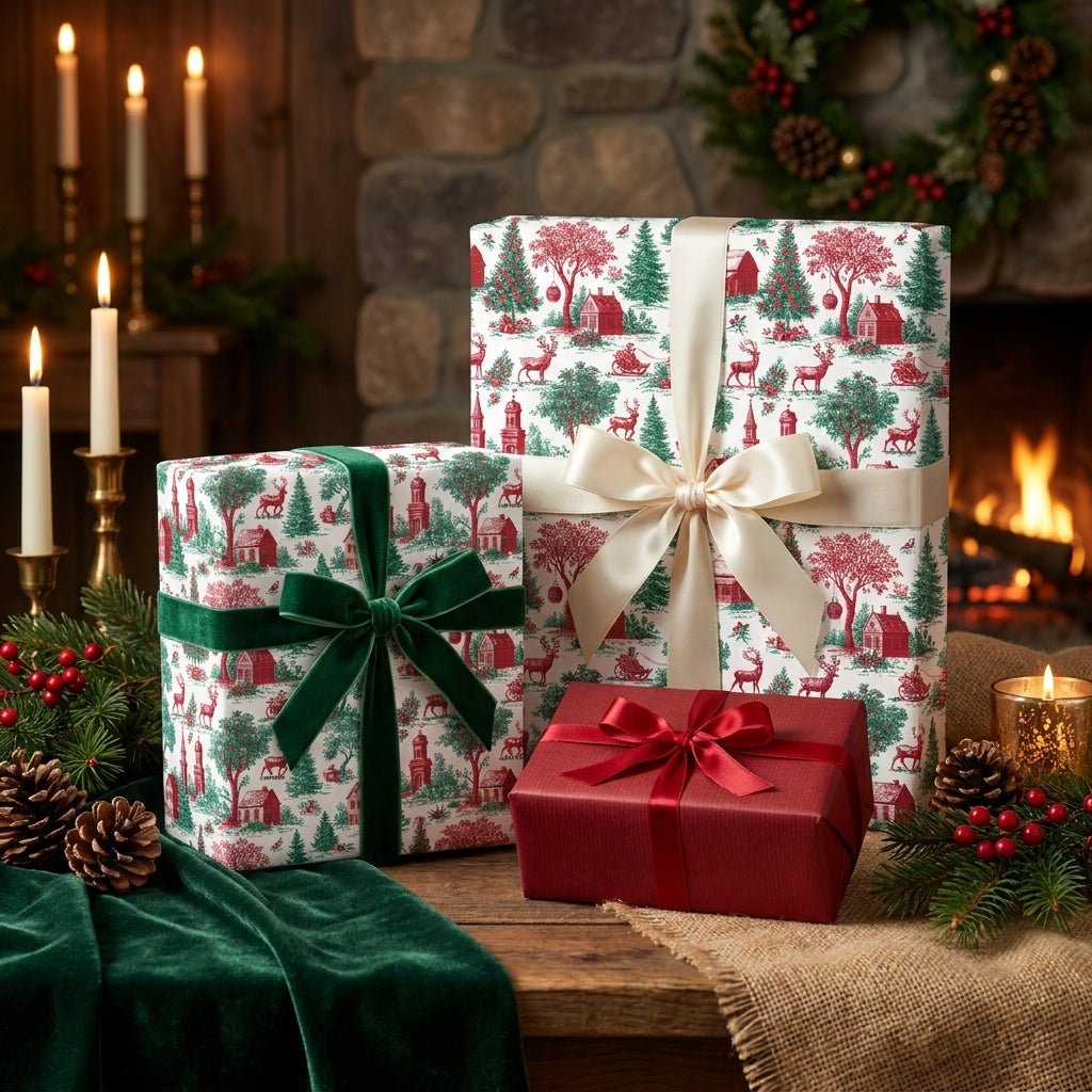 Vintage Christmas gift wrap with festive woodland scenes and velvet ribbons by Wrapped Studios.