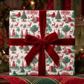 Luxury Christmas gift wrap featuring vintage red toile pattern and velvet bow by Wrapped Studios.