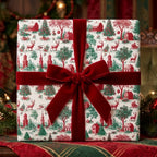 Luxury Christmas gift wrap featuring vintage red toile pattern and velvet bow by Wrapped Studios.