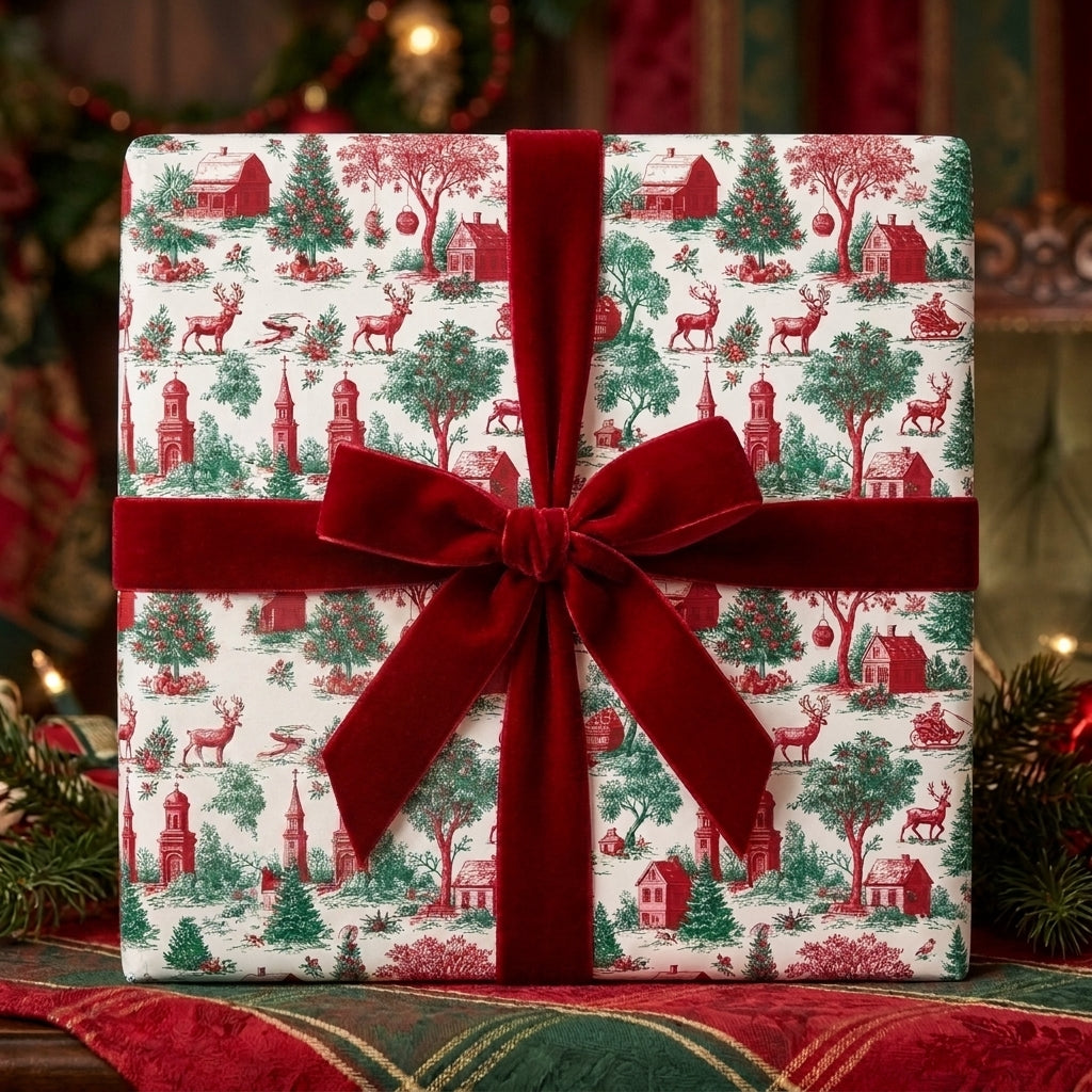 Luxury Christmas gift wrap featuring vintage red toile pattern and velvet bow by Wrapped Studios.