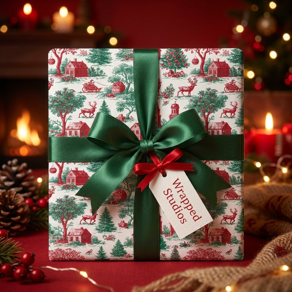 Vintage Christmas wrapping paper with a red and green toile pattern and green ribbon by Wrapped Studios.