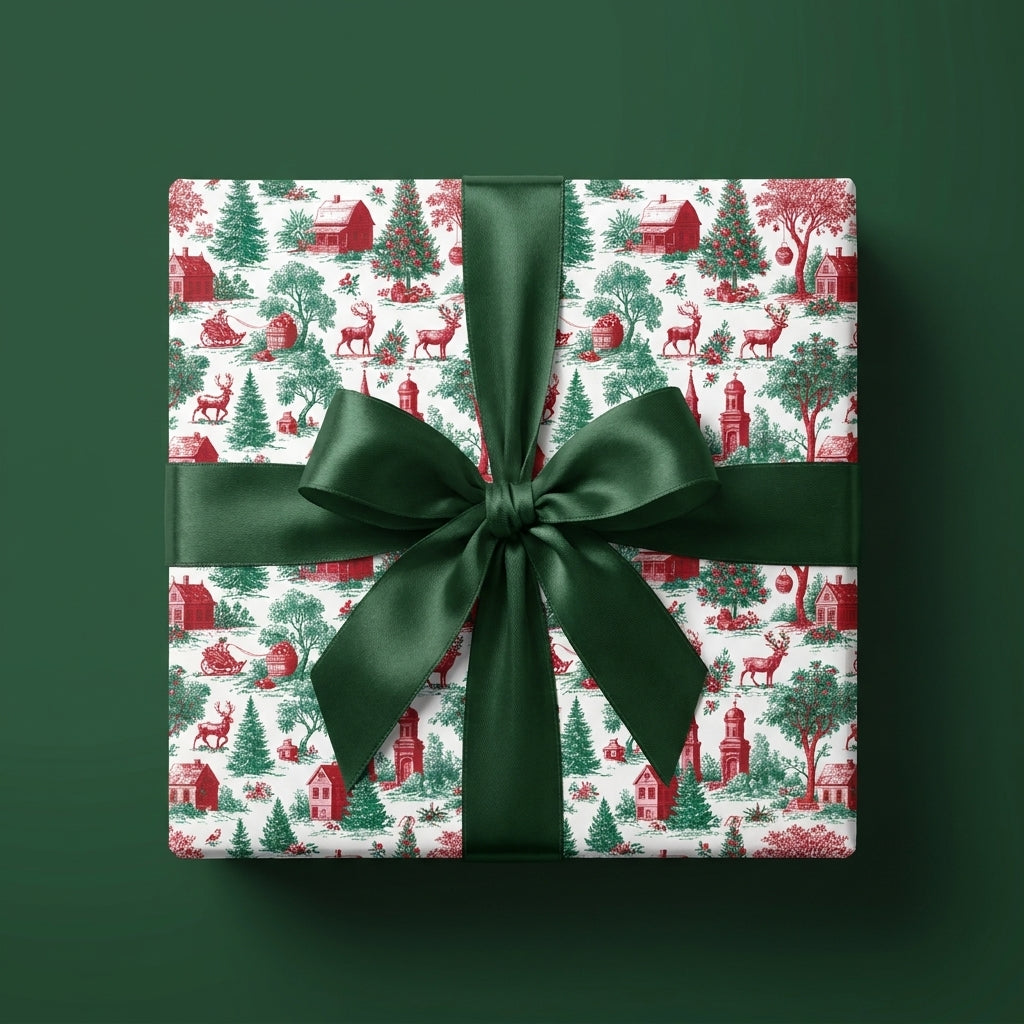 Vintage Christmas toile wrapping paper with a dark green satin bow on a gift box, by Wrapped Studios.