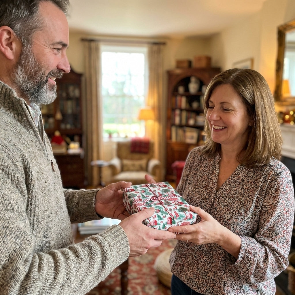 Smiling couple exchanging a Christmas gift in vintage holiday wrapping paper by Wrapped Studios.