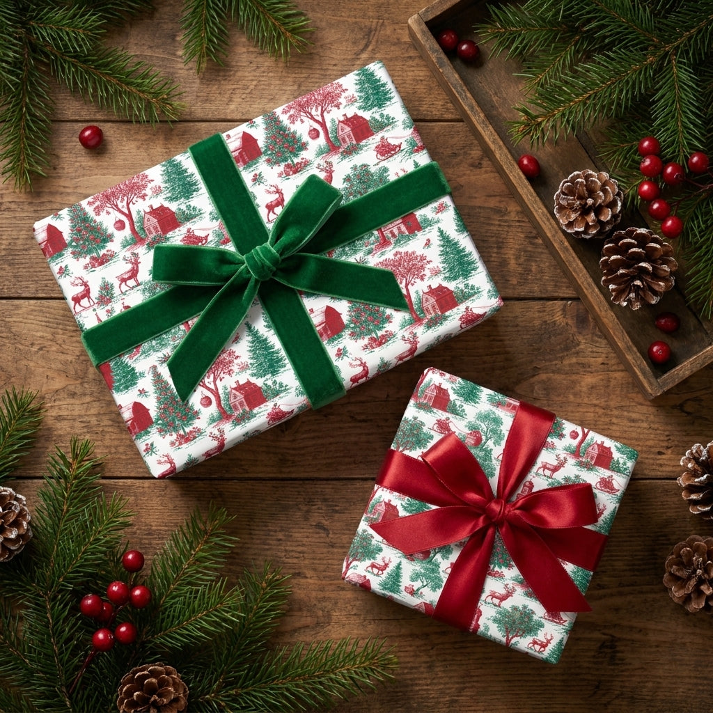 Vintage Christmas wrapping paper with red and green winter village scene and ribbons by Wrapped Studios.