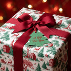 Vintage Christmas wrapping paper with a red ribbon and tree gift tag by Wrapped Studios.