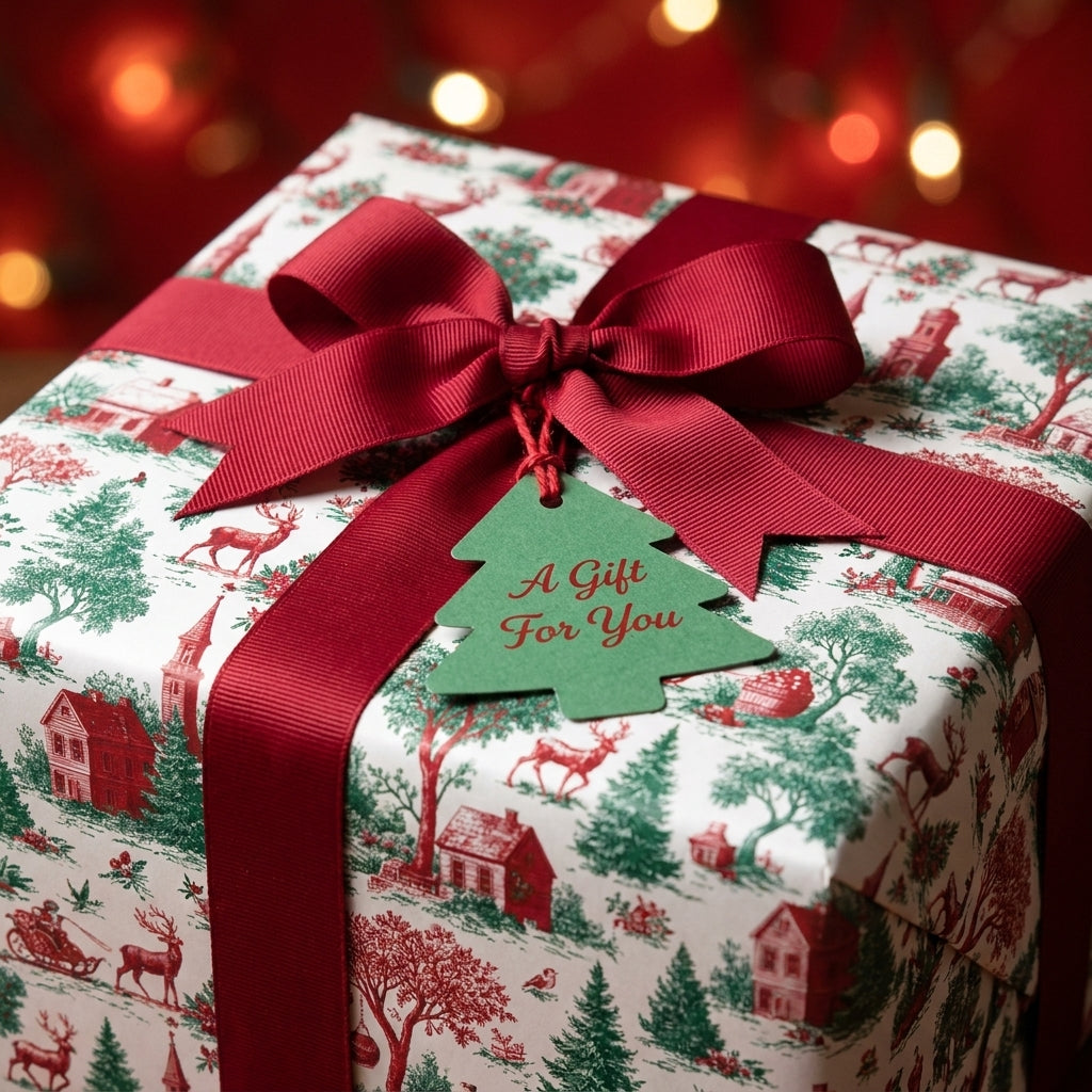 Vintage Christmas wrapping paper with a red ribbon and tree gift tag by Wrapped Studios.