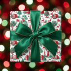 Vintage Christmas toile gift wrap with a large emerald green bow by Wrapped Studios.