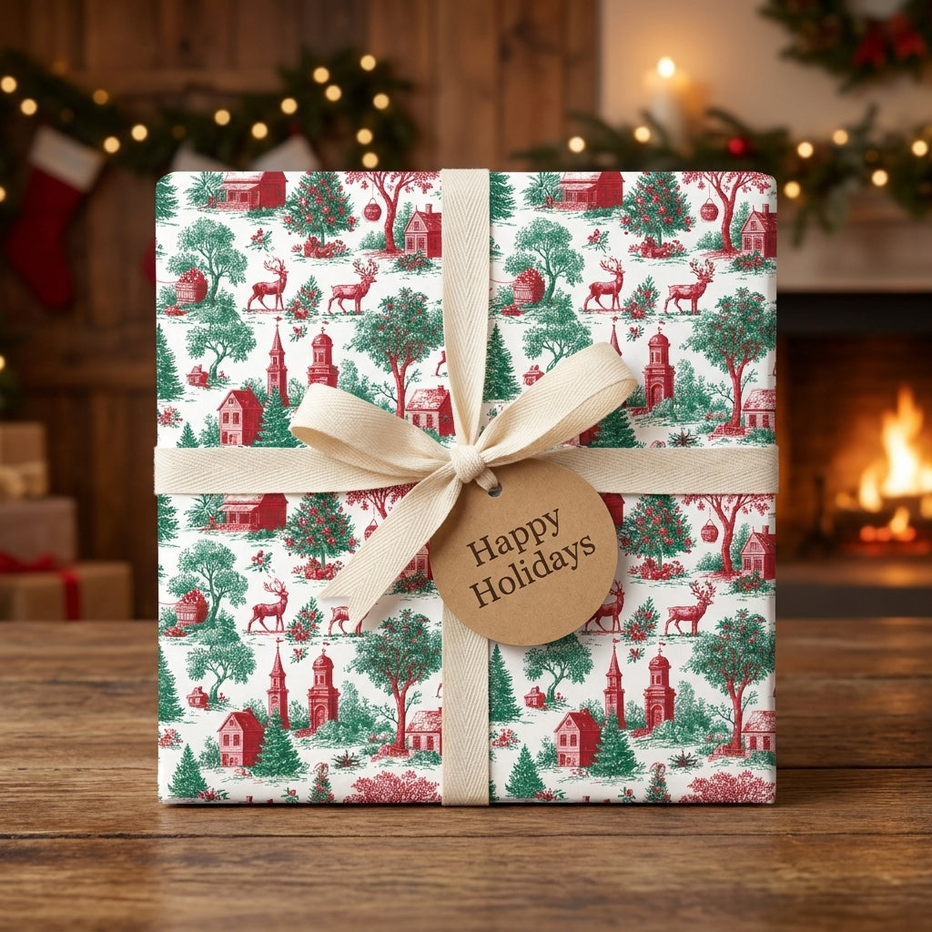 Vintage Christmas wrapping paper with red and green toile scene and cream ribbon by Wrapped Studios.