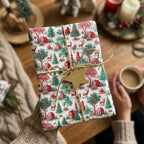Vintage Christmas gift wrap with red and green winter village design and gold twine by Wrapped Studios.
