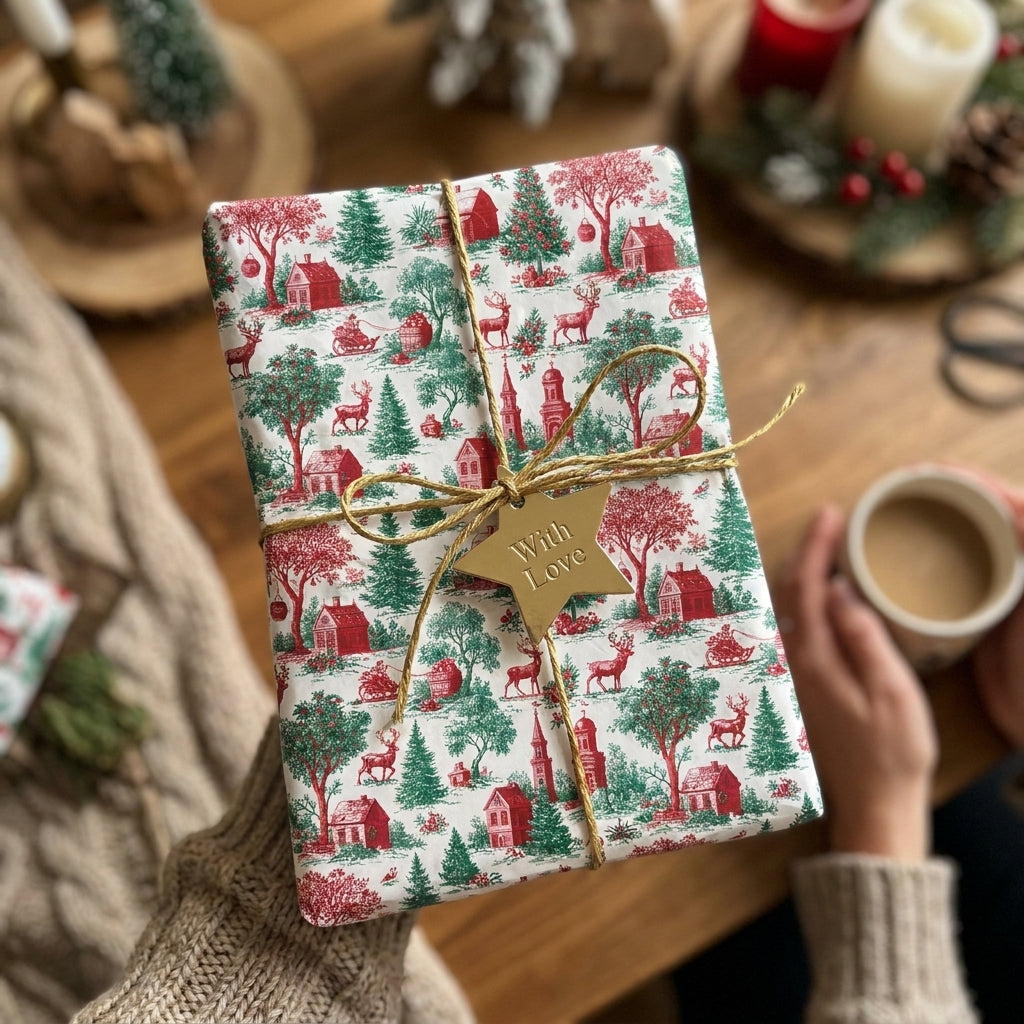 Vintage Christmas gift wrap with red and green winter village design and gold twine by Wrapped Studios.