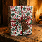 Vintage Christmas wrapping paper with a red and green cabin pattern by a cozy fireplace. Wrapped Studios.