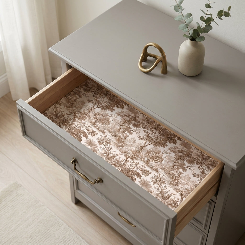 Brown vintage toile wrapping paper used as a drawer liner in a grey dresser, by Wrapped Studios.