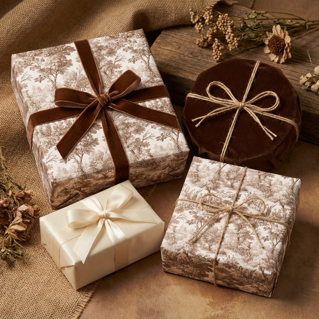 Vintage toile wrapping paper on rustic gift boxes with velvet ribbons by Wrapped Studios.