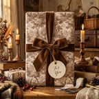 Vintage toile Christmas gift wrap with a brown velvet bow on a rustic holiday present by Wrapped Studios.