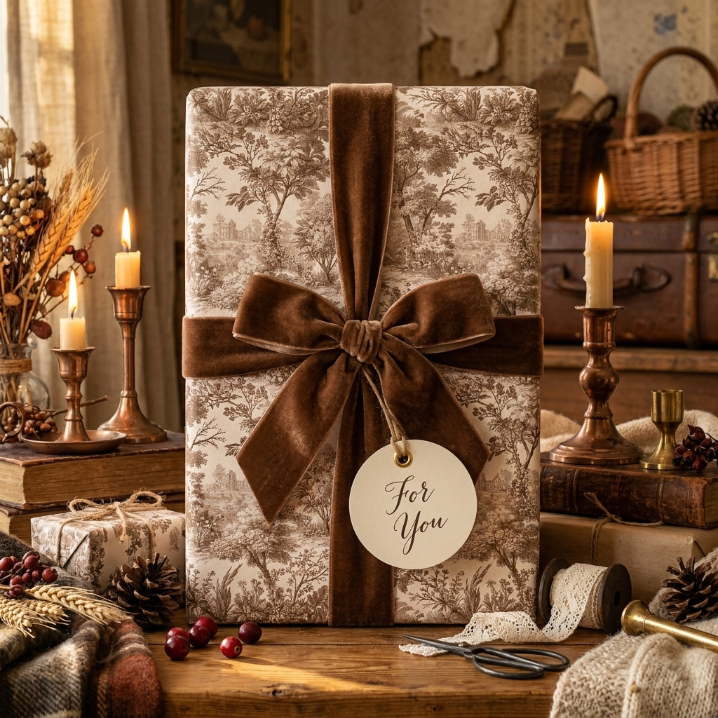 Vintage toile Christmas gift wrap with a brown velvet bow on a rustic holiday present by Wrapped Studios.