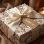 Vintage toile wrapping paper with cream satin ribbon and 'With Love' tag by Wrapped Studios.