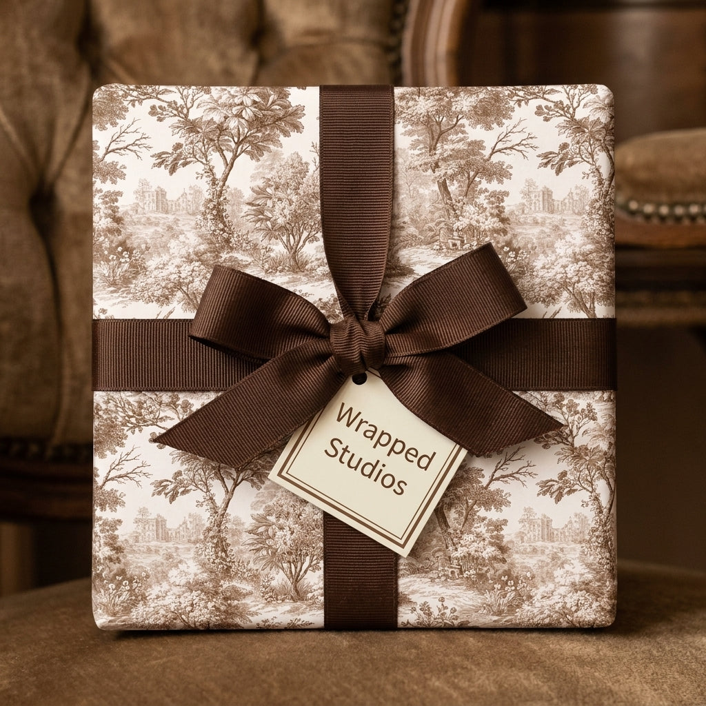 Vintage toile wrapping paper with a brown ribbon on a luxury gift box, by Wrapped Studios.