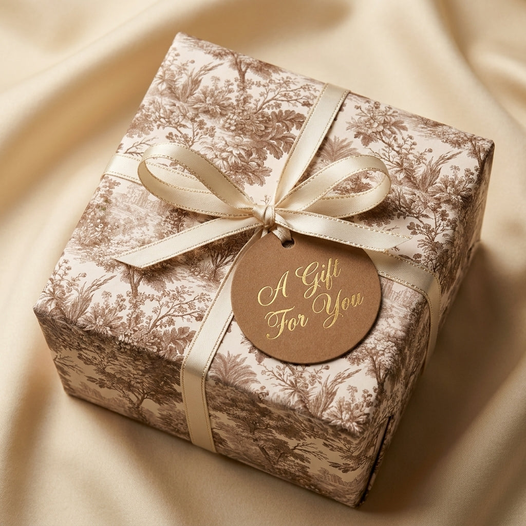 Luxury vintage toile wrapping paper on a gift box with a cream ribbon and gold foil tag by Wrapped Studios.