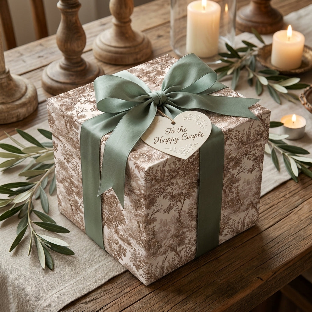 Vintage toile wedding gift wrap with sage green ribbon and heart tag. Luxury wrapping paper by Wrapped Studios.