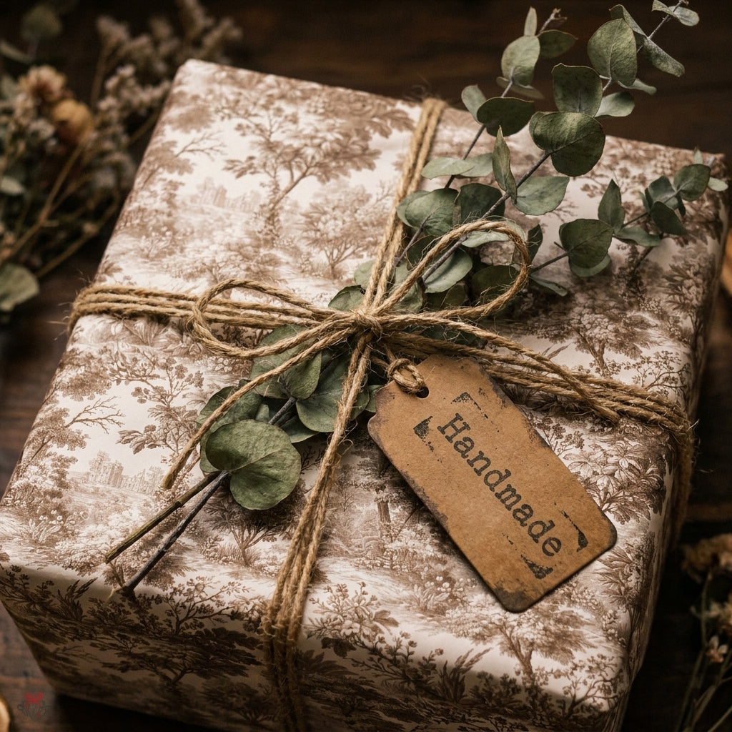 Vintage toile wrapping paper on a gift with twine, eucalyptus, and handmade tag by Wrapped Studios.