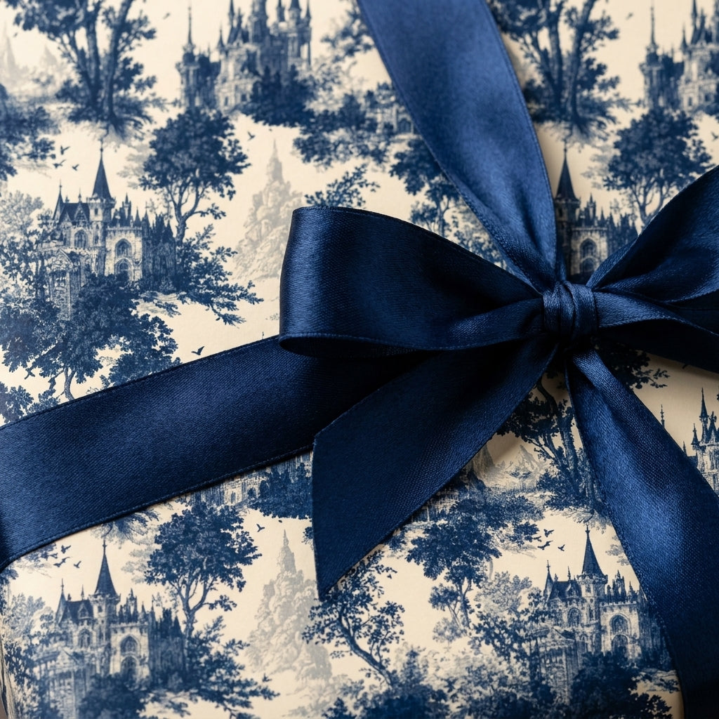 Luxury blue toile castle wrapping paper with a navy satin ribbon by Wrapped Studios.