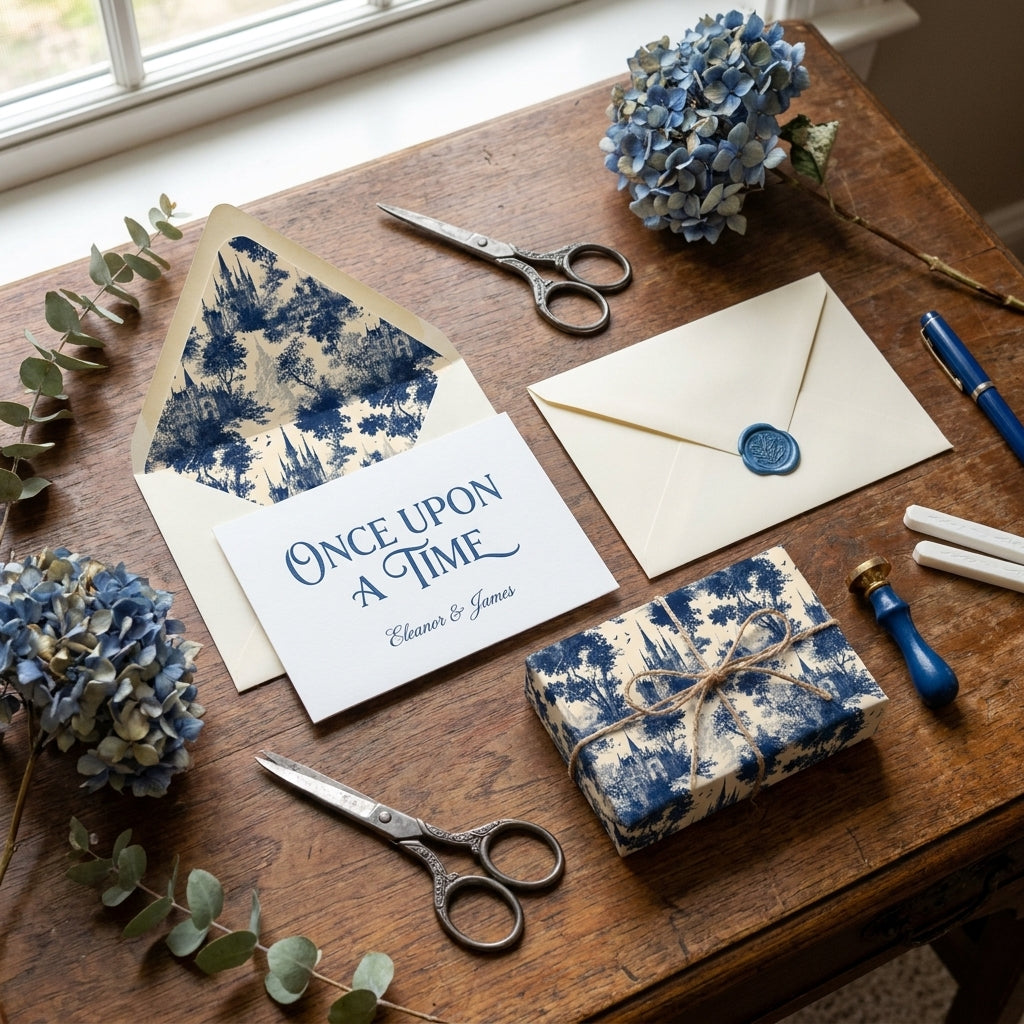 Vintage blue toile wrapping paper and fairytale wedding invitation set by Wrapped Studios.