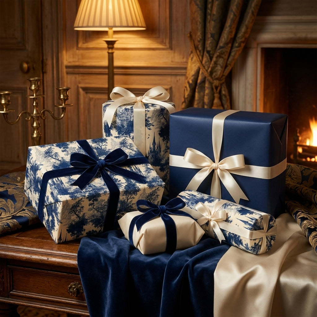 Elegant blue toile wrapping paper and luxury navy gift wrap with velvet ribbons by Wrapped Studios.