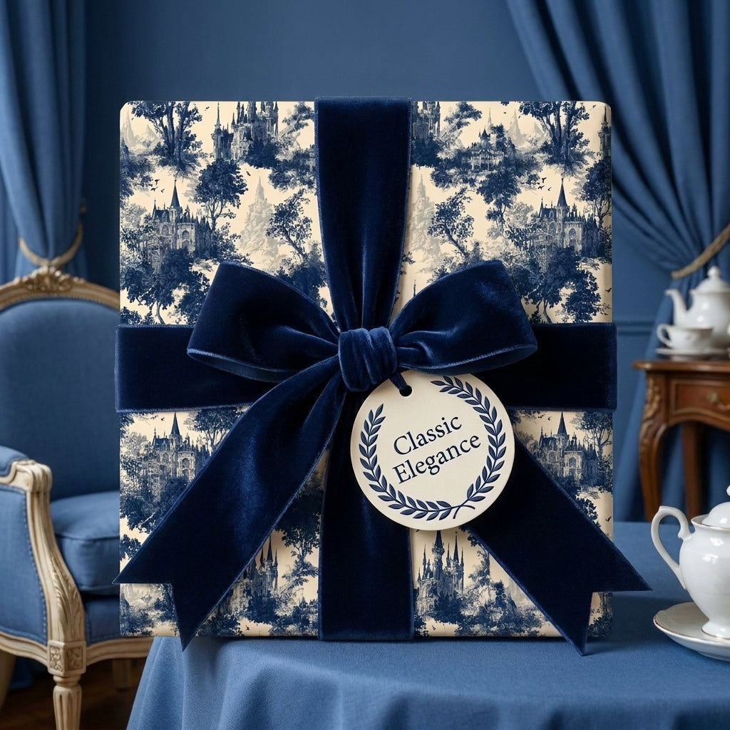 Luxury vintage blue toile wrapping paper with a navy velvet bow by Wrapped Studios.